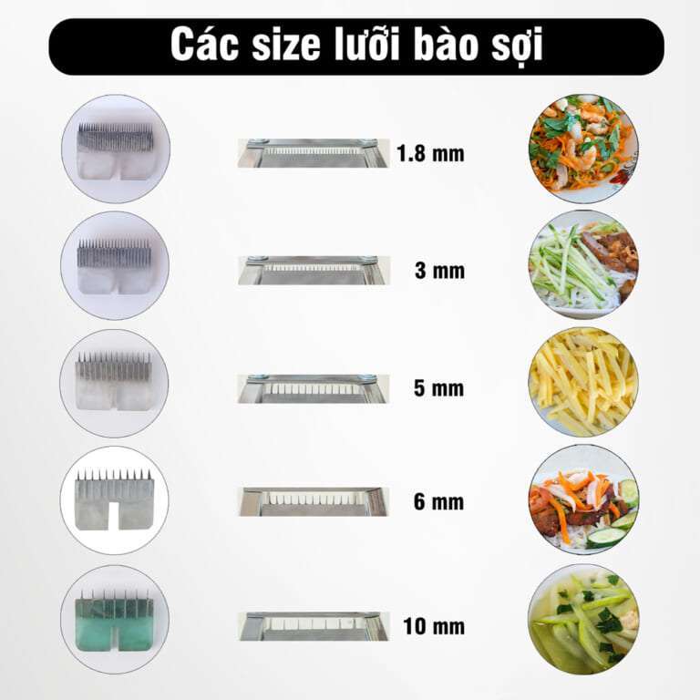 Các size lưỡi kích thước sợi rau củ của bàn bào rau củ inox Cơ Khí Duy Khương