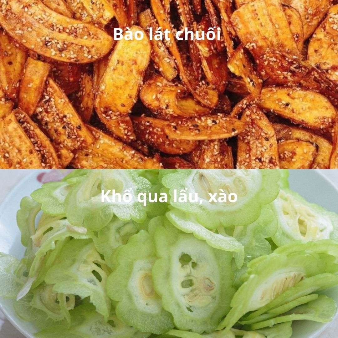 Hình minh họa thành phẩm lát rau củ của bào lát đa lưỡi: chuối sấy và khô qua lát